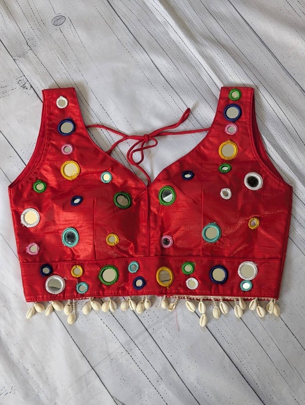 Red Embellished Women's Crop Top with Mirror and Cowrie Detailing